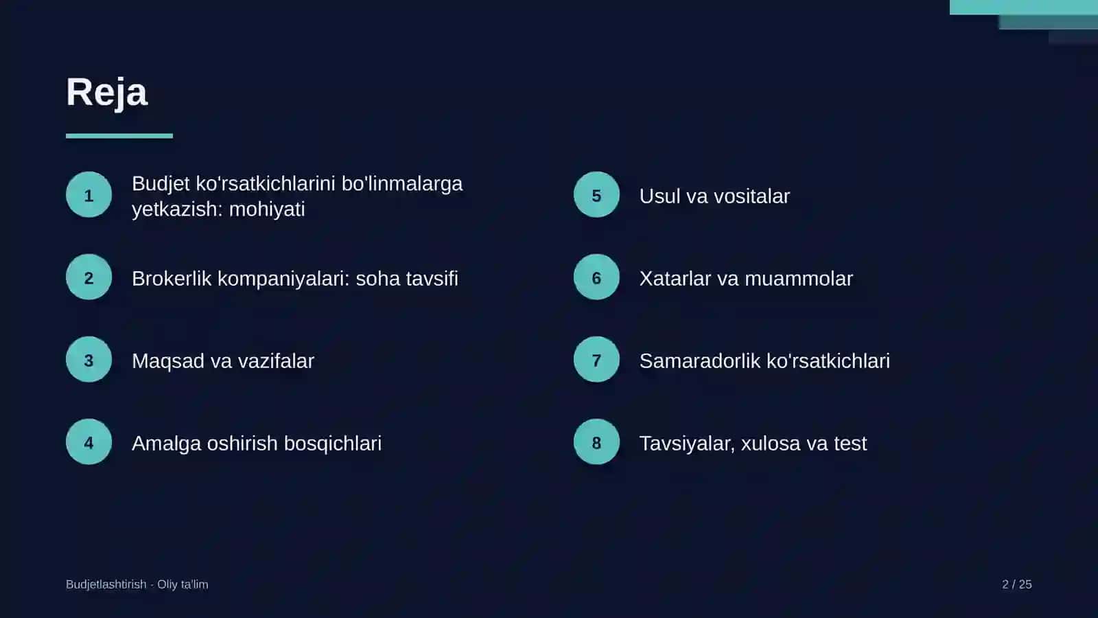 Brokerlik kompaniyalarida budjet ko'rsatkichlarini bo'linmalarga yetkazish 2