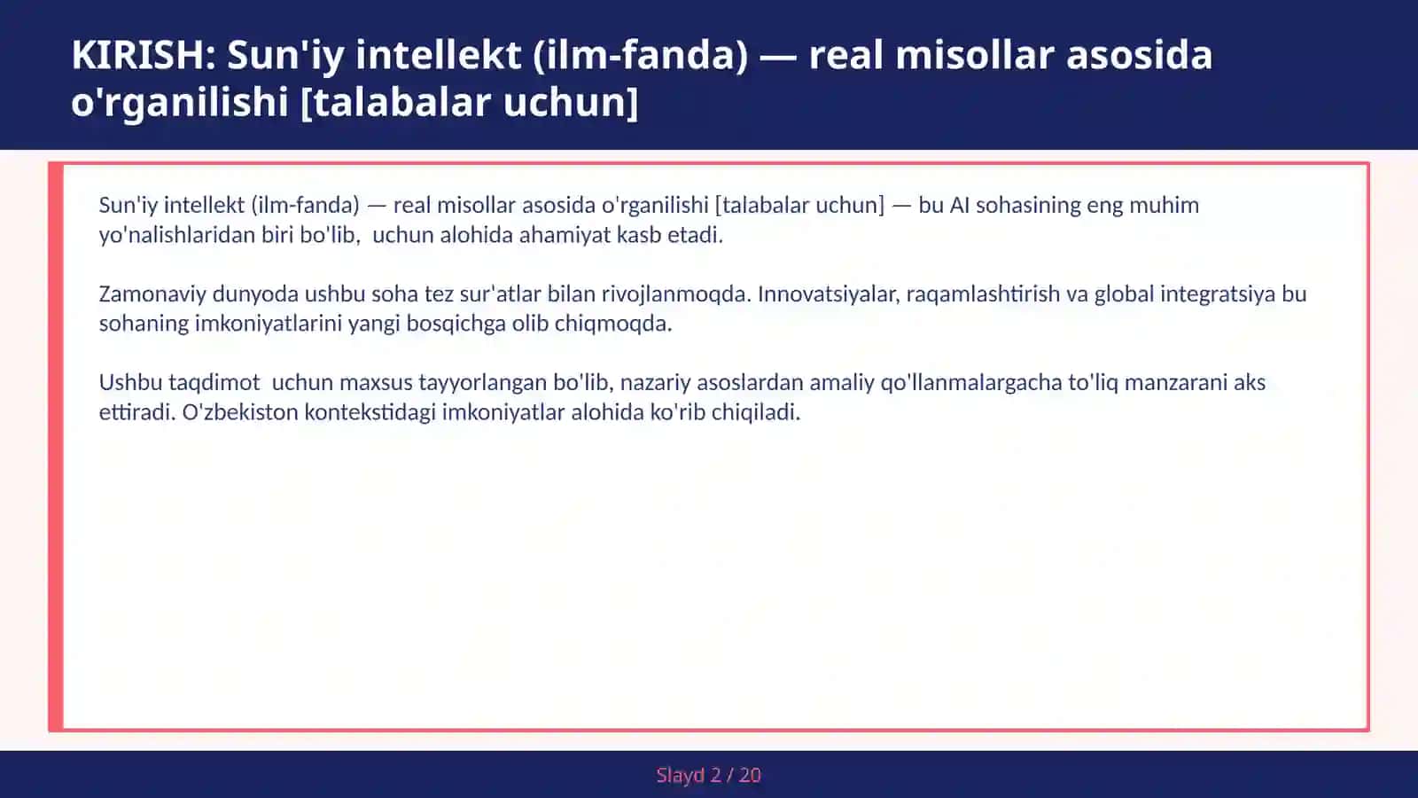 Sun'iy intellekt (ilm-fanda) — real misollar asosida o'rganilishi [talabalar uchun] 2