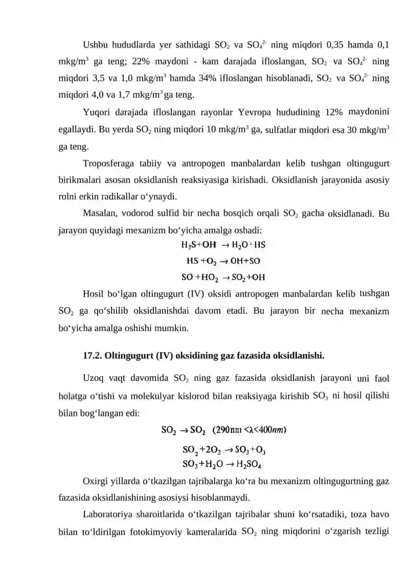 Oltingugurt birikmalarining atmosferadagi kimyoviy o‘zgarishlari 2