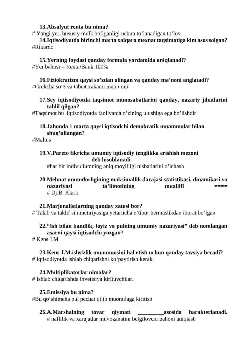IQTISODIY TA’LIMOTLAR TARIXI fanidan Yakuniy testlar 2