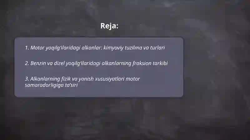 Motor yoqilgʻilari va yoʻldosh gazlar tarkibidagi alkanlar 2