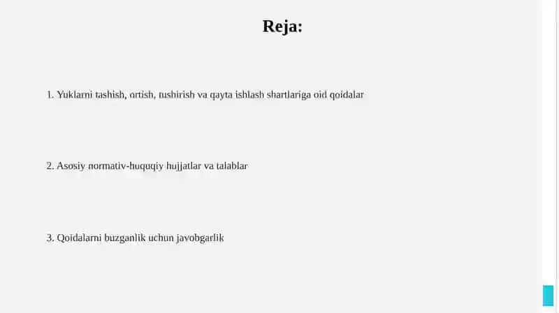 Yuklarni tashish, ortish, tushirish va qayta ishlash shartlari 2