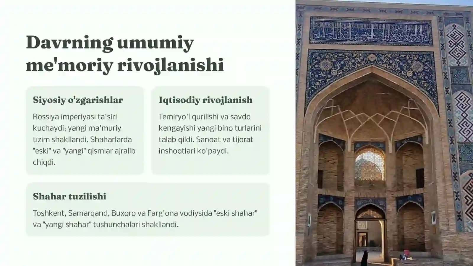 XIX Asr Oxiri – XX Asr Boshlarida O‘rta Osiyo Me’morchiligi | PPT 2