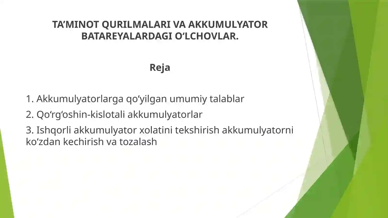 TA’MINOT QURILMALARI VA AKKUMULYATOR BATAREYALARDAGI O‘LCHOVLAR 2