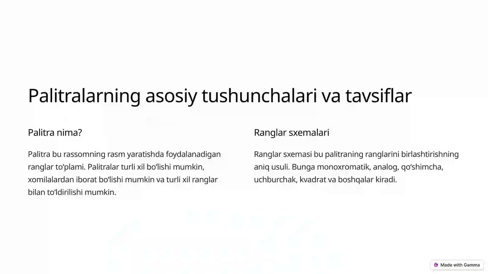 Palitralarning asosiy tushunchalari va tavsiflar 2