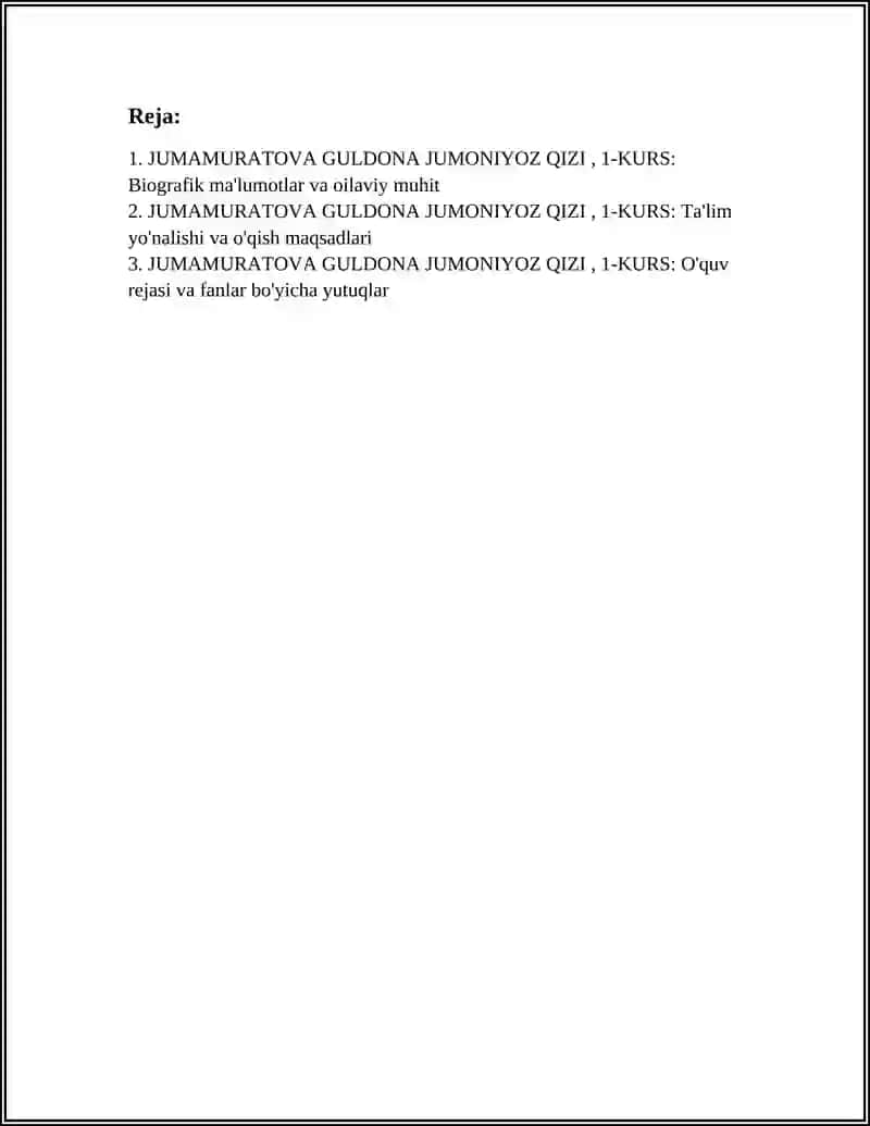 JUMAMURATOVA GULDONA JUMONIYOZ QIZI, 1-KURS 2
