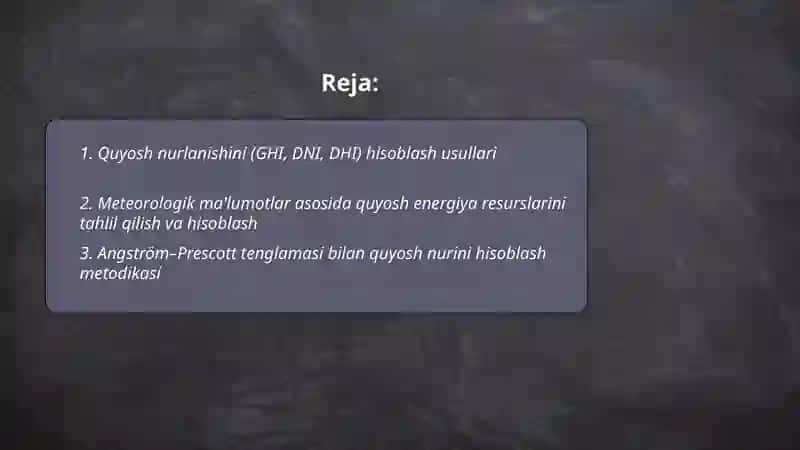 Quyosh energitikasi resuslarni hisoblash usullari 2
