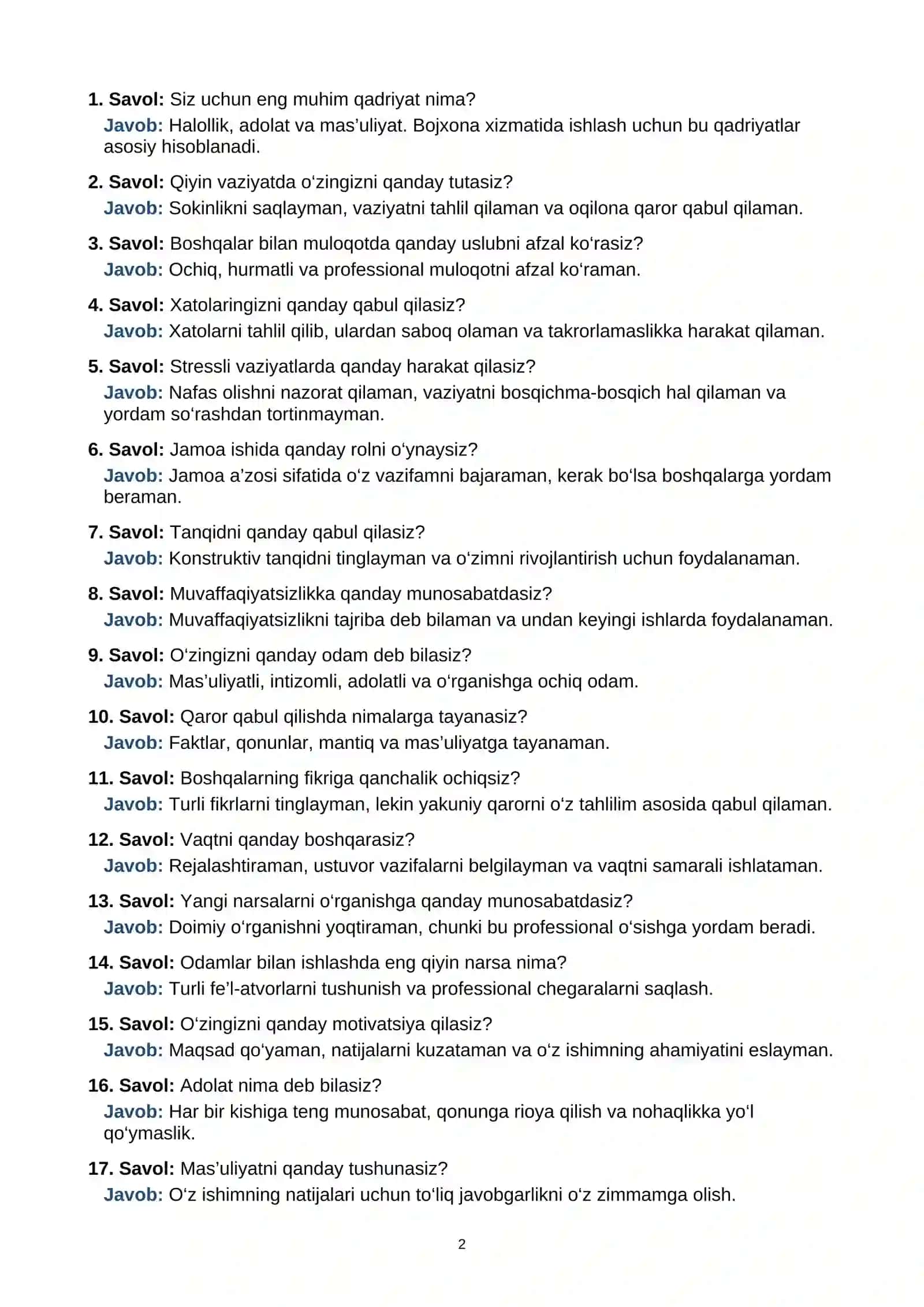 BOJXONAGA ISHGA KIRISH UCHUN PSIXOLOGIK TEST SAVOL VA JAVOBLARI 2