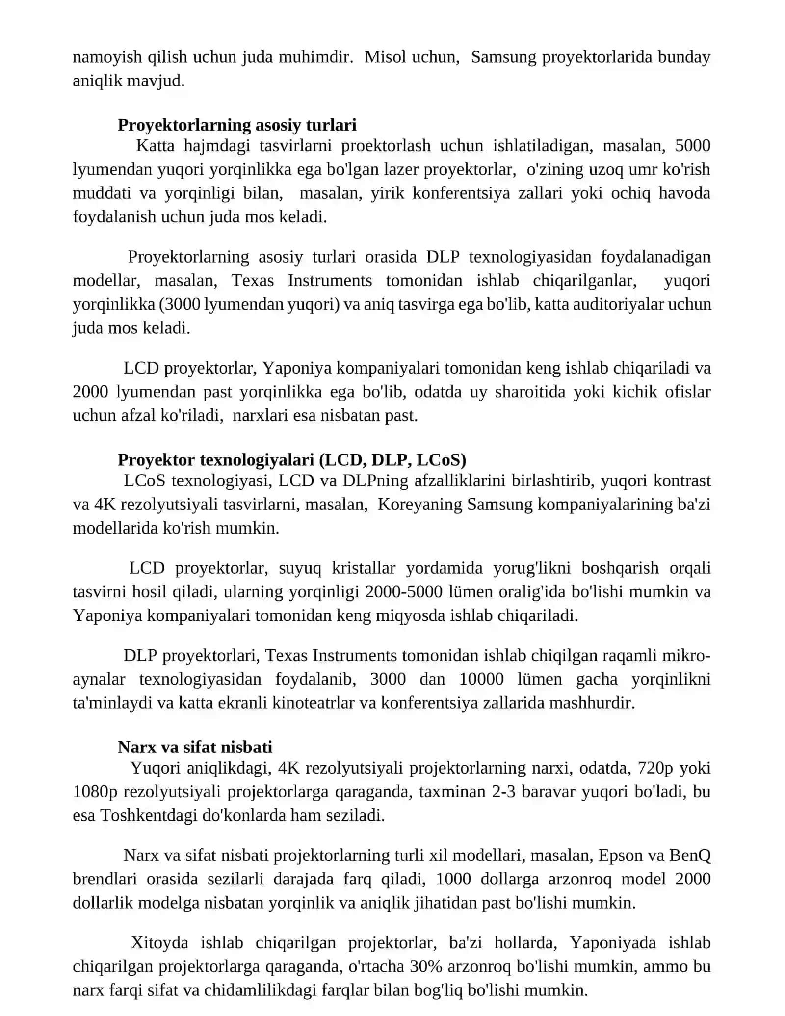 Proektorlar, ularning xossalari 2
