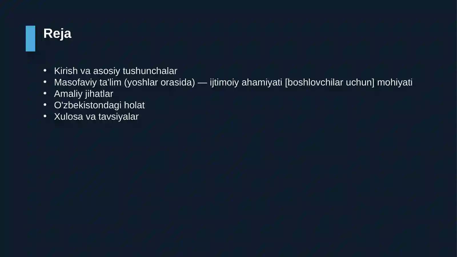 Masofaviy ta'lim (yoshlar orasida) — ijtimoiy ahamiyati [boshlovchilar uchun] 2