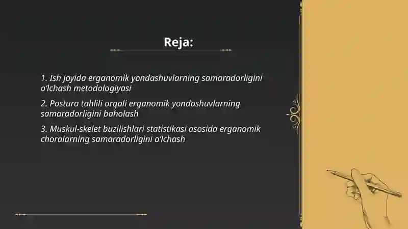 Ish joyida erganomik yondashuvlarning samaradorligini oʻlchash 2