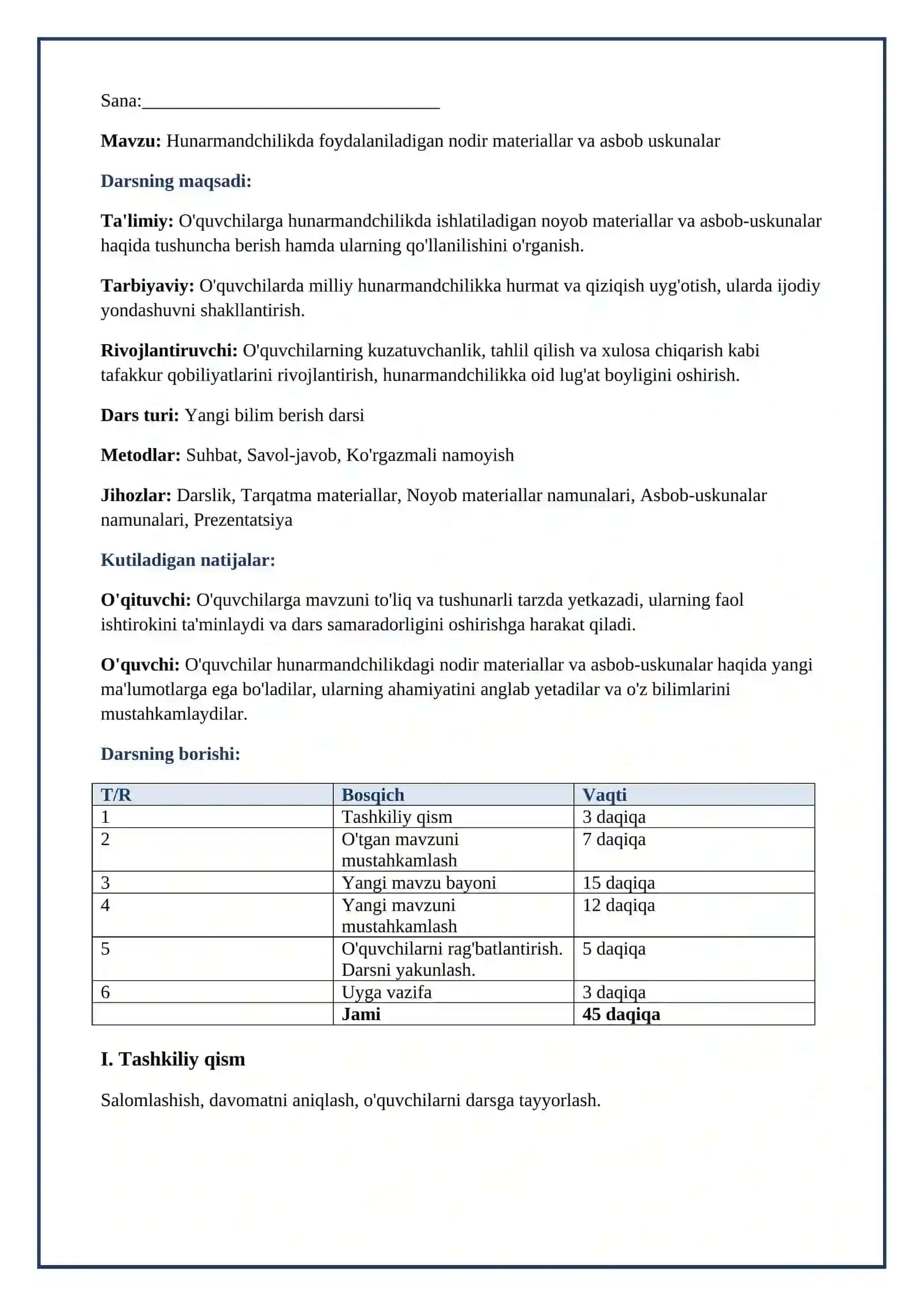 Lesson on Hunarmandchilikda foydalaniladigan nodir materiallar va asbob uskunalar 2