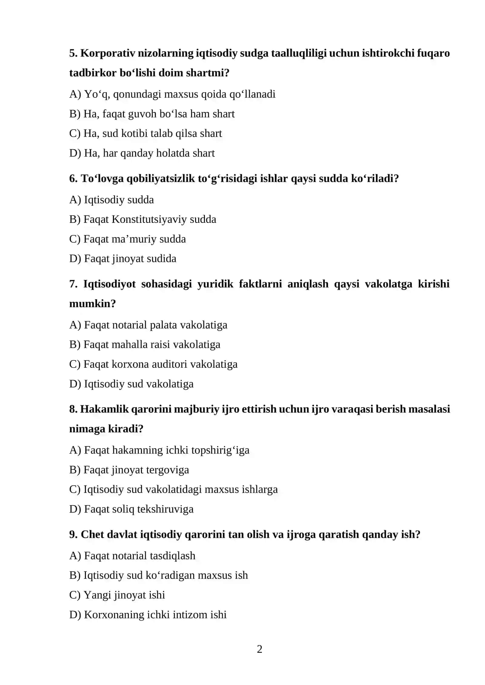 Iqtisodiy ishlarning taalluqliligi tushunchasi TEST 2