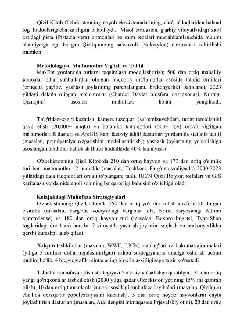 O'zbekistonga qizil kitobga kiritilgan hayvonlar va oʻsimliklar haqida malumotlarni aniqlang 2