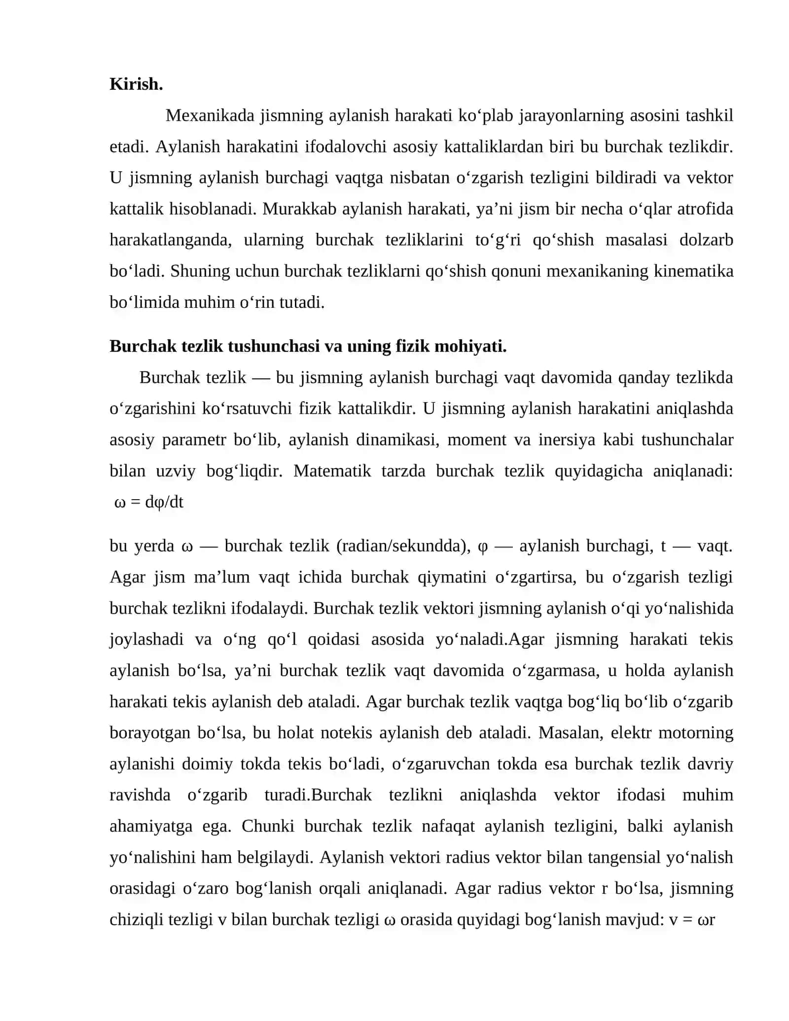 Burchak tezlikni qo‘shish 2