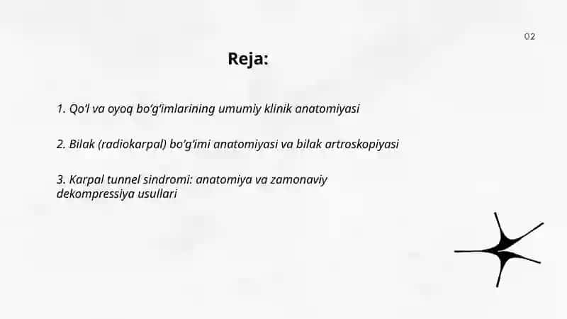 Qoʻl va oyoq boʻgʻimlari klinik anatomiyasi va ularda bajariladigan zamonaviy operatsiyalar 2