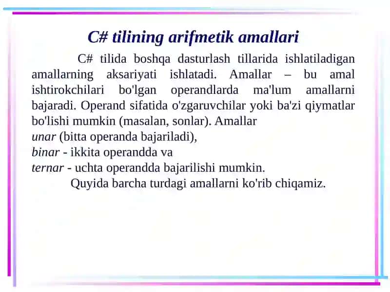 C# Tilining Amallari 2