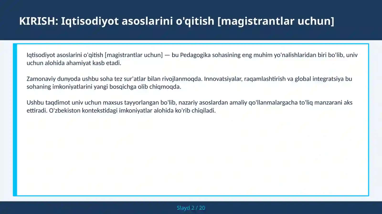 IQTISODIYOT ASOSLARINI O'QITISH [MAGISTRANTLAR UCHUN] 2