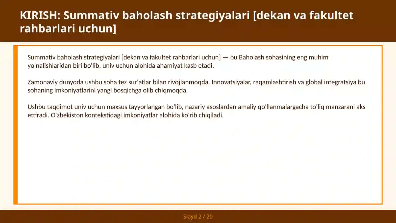Summativ baholash strategiyalari [dekan va fakultet rahbarlari uchun] 2