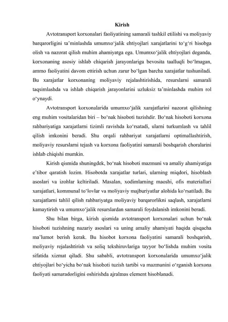 Avtotransport korxonalarida umumxo`jalik ehtiyojlari bo`yicha bo`nak hisoboti tuzish tartibi va mazmuni 2