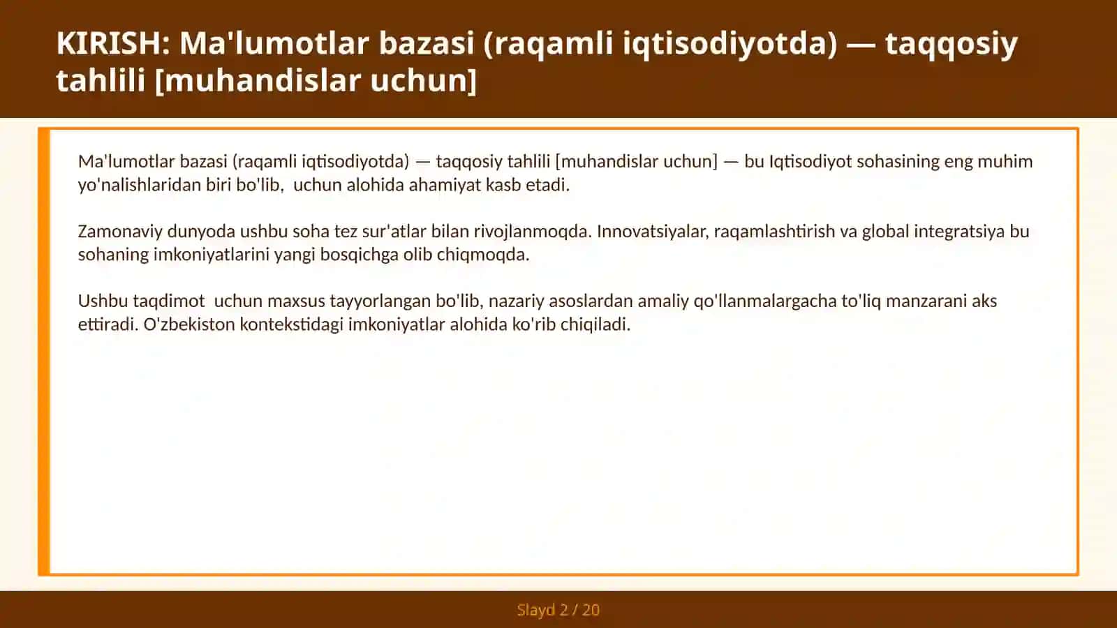 Ma'lumotlar bazasi (raqamli iqtisodiyotda) — taqqosiy tahlili [muhandislar uchun] 2