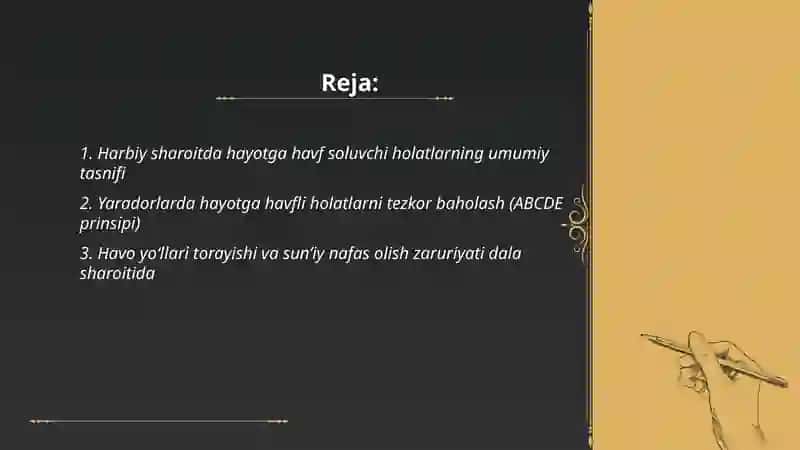 Harbiy sharoitda hayotga havf soluvchi holatlar. Yaradorlarda hayotga havfli holatlar. O’tkir yurak tomir yetishmovchiligi klinik belgilari xarakteristikasi va ularda harbiy dala sharoitida zudlik bilan ko’rsatiladigan terapevtik yordam prinstiplari 2
