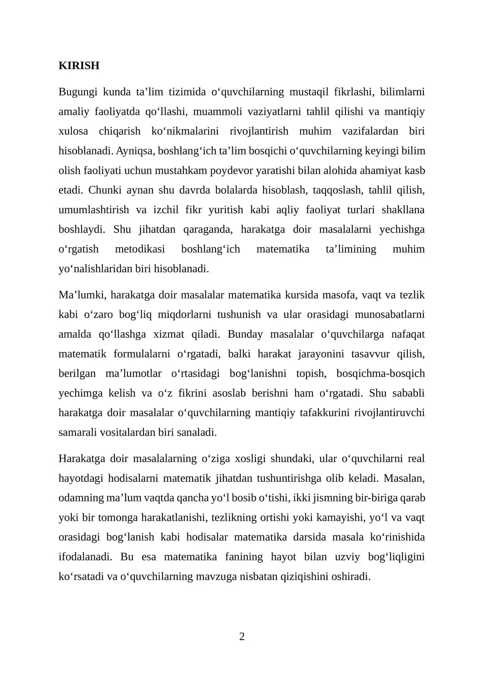 HARAKATGA DOIR MASALALARNI YECHISHGA O‘RGATISH METODIKASI 2