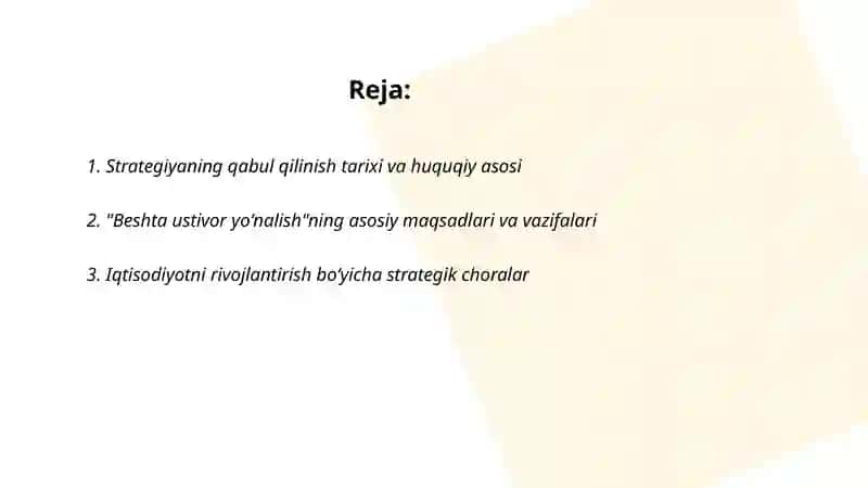 Beshta ustivor yoʻnalishi, Harakatlar strategiyasi 2