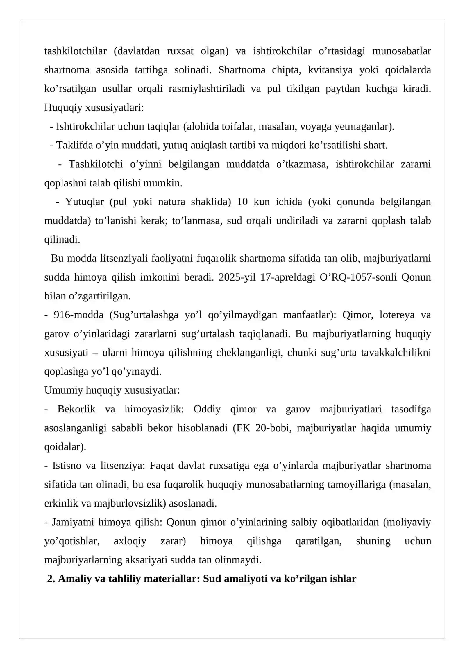 Qimor va garov o’yinlaridan kelib chiqadigan majburiyatlarning huquqiy xususiyatlari 2