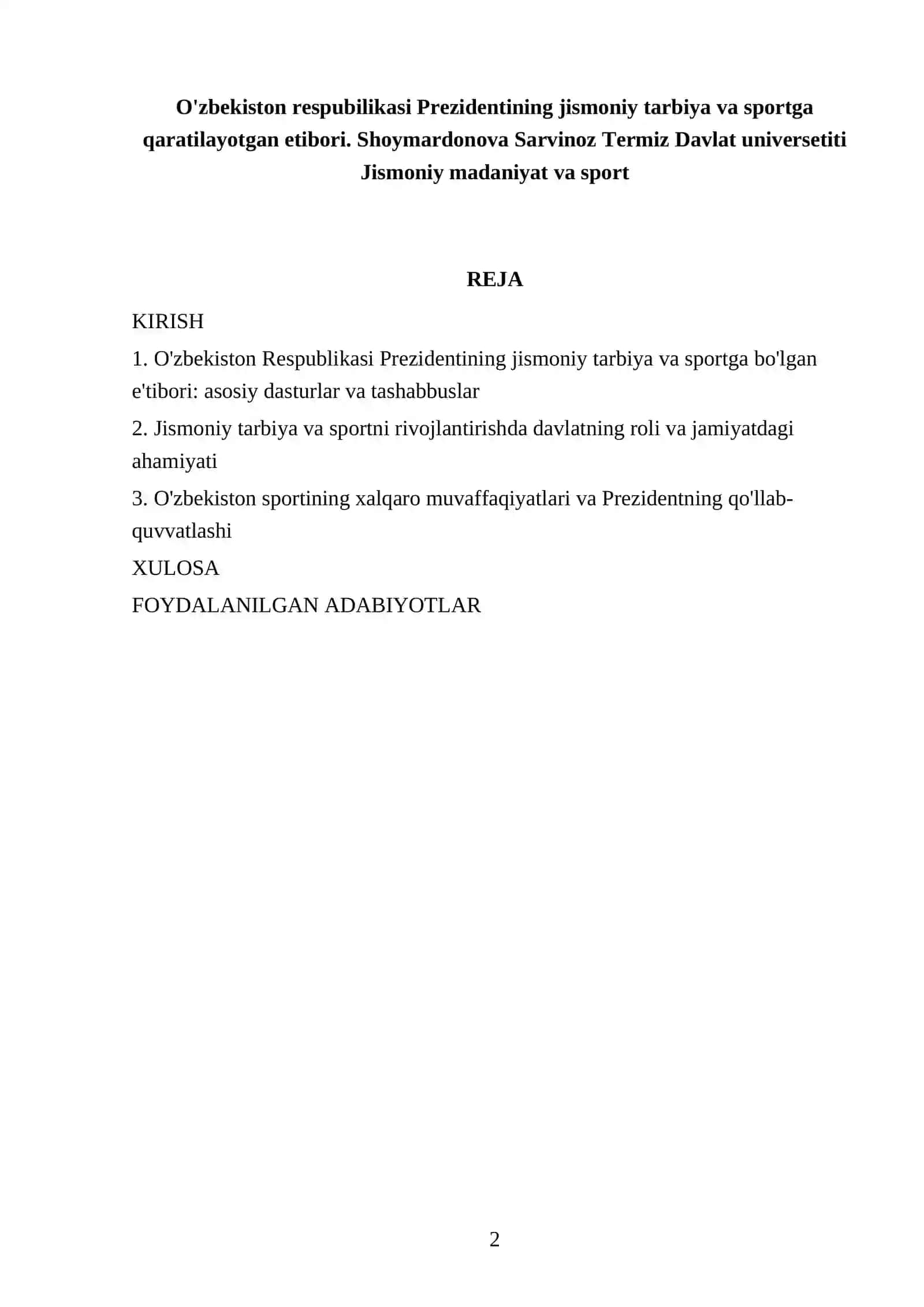 O'zbekiston respubilikasi Prezidentining jismoniy tarbiya va sportga qaratilayotgan etibori 2