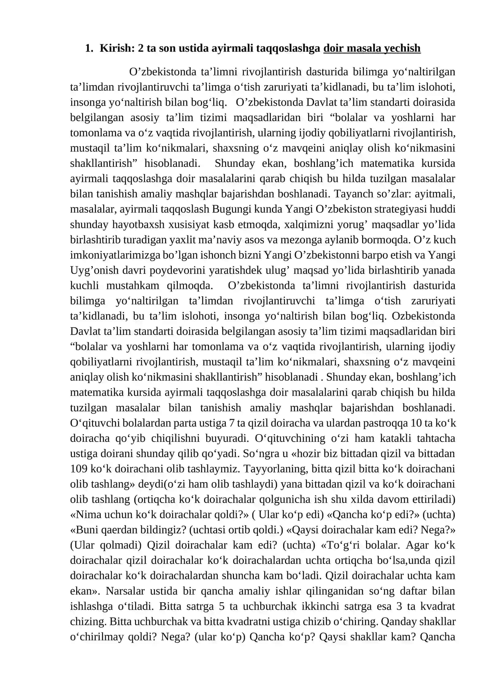 Boshlang'ich sinflarda ikki sonni ayirmali taqqoslashga doir masalalar yechish 2