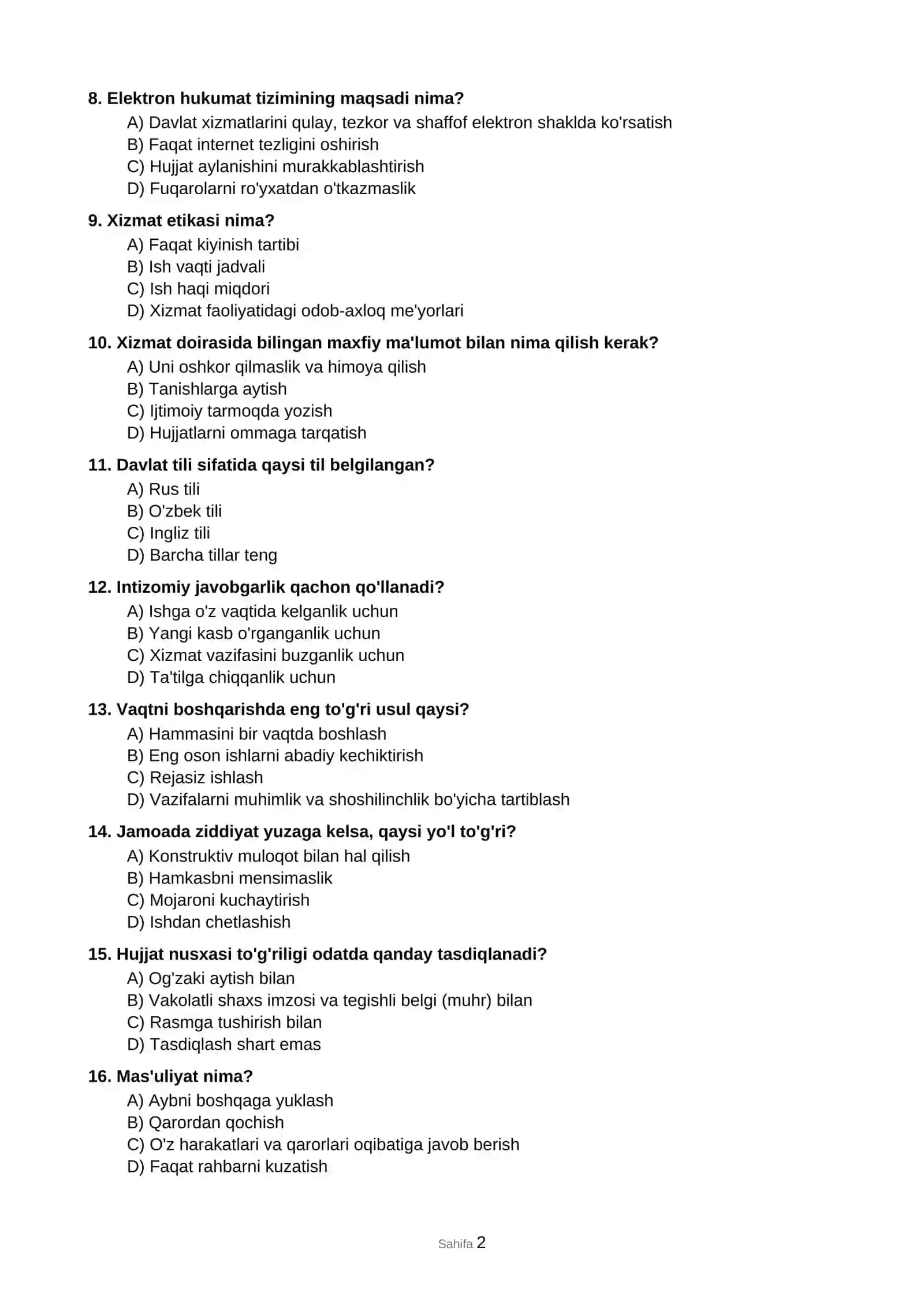 Davlat xizmatchisi uchun 20 ta namunaviy test 2
