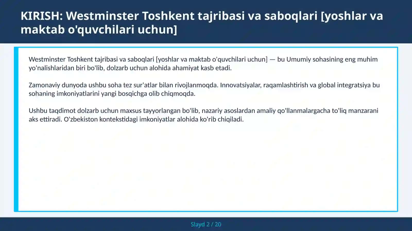 Westminster Toshkent tajribasi va saboqlari [yoshlar va maktab o'quvchilari uchun] 2