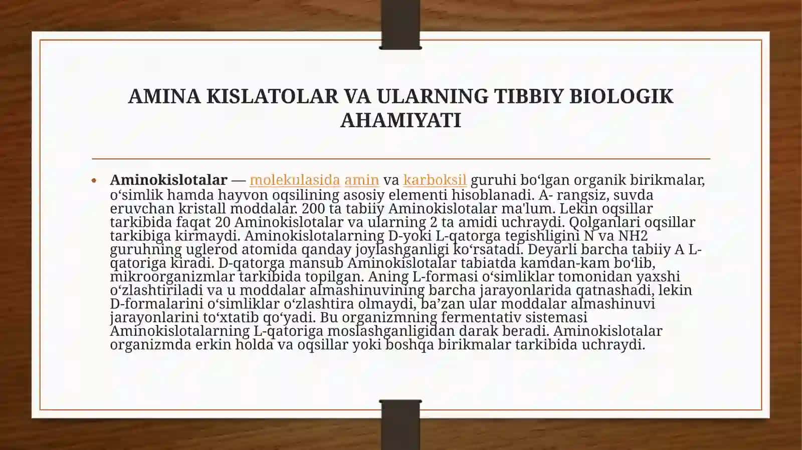 AMINAKISLATOLAR VA ULDARINING TIBBIY BIOLOGIYASI 2
