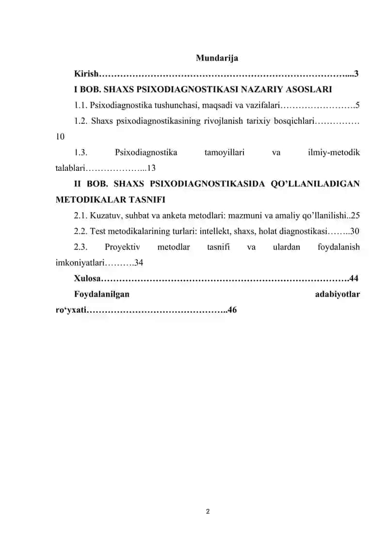 SHAXS PSIXODIAGNOSTIKASIDA QO’LLANILADIGAN METODIKALAR TASNIFI 2