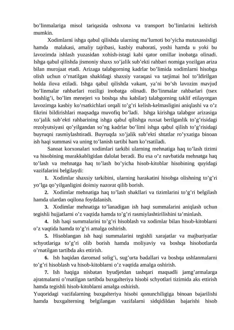 Mehnat va ish haqi bo’yicha xisob-kitoblarning mazmuni va ularni hisobga olishning vazifalari 2