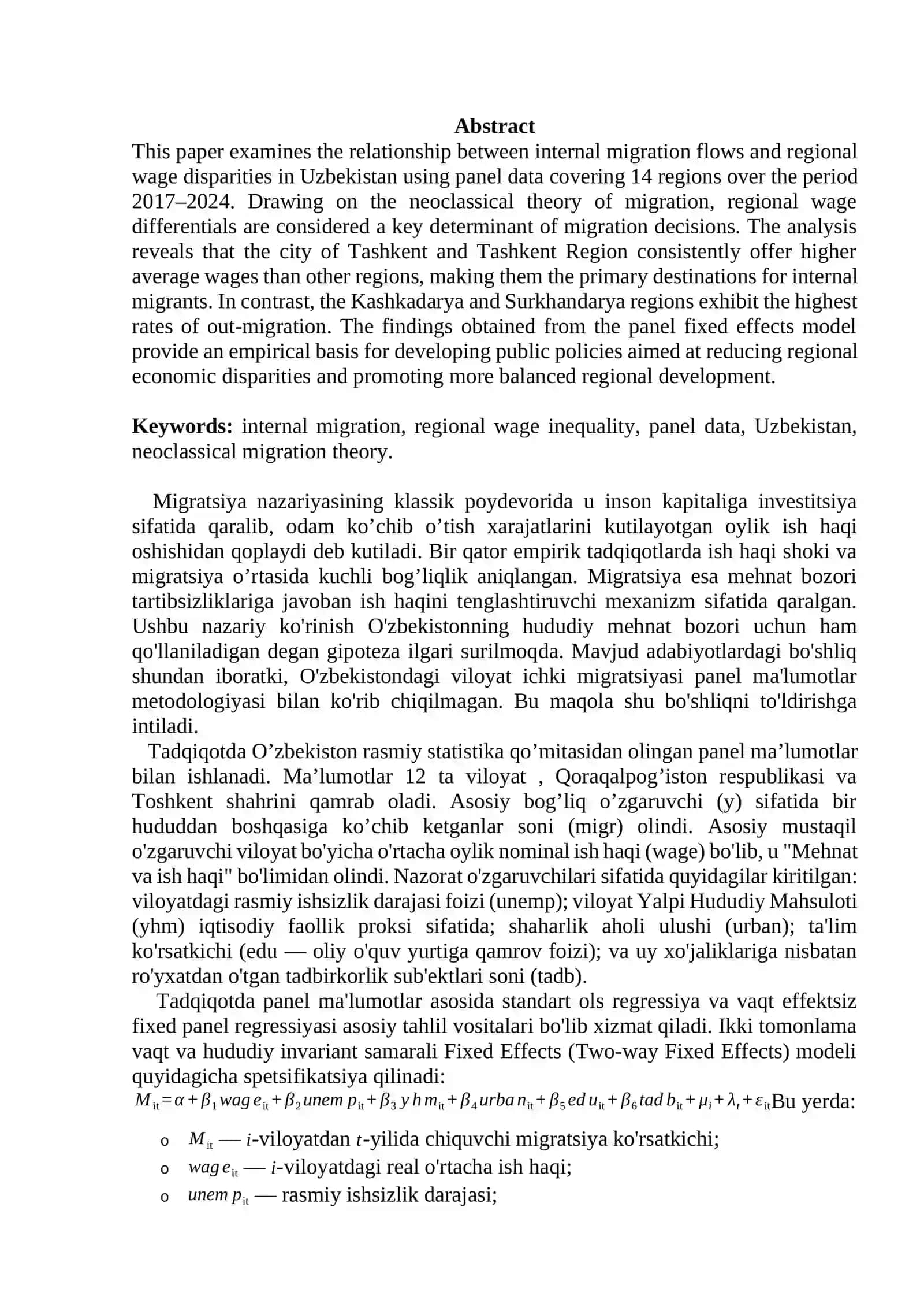 O‘zbekiston ichki migratsiyasi va hududlararo ish haqi tengsizligi — Panel Data va Fixed Effects ekonometrik tahlili (2017–2024) 2