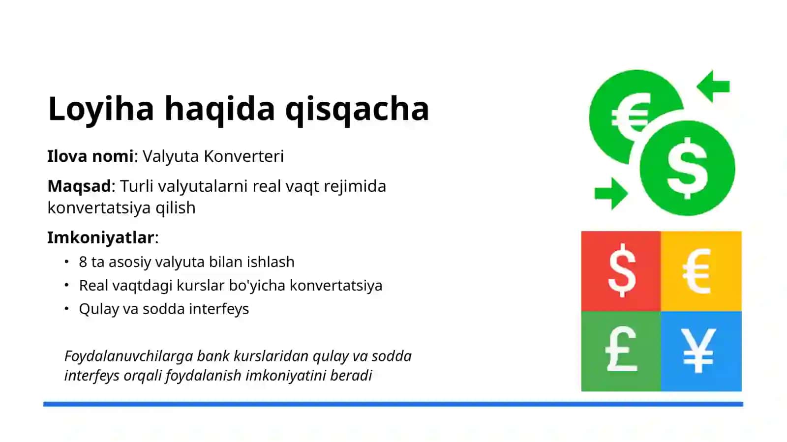 Valyuta konvertori ilovasi yaratish. Prezentatsiya 2