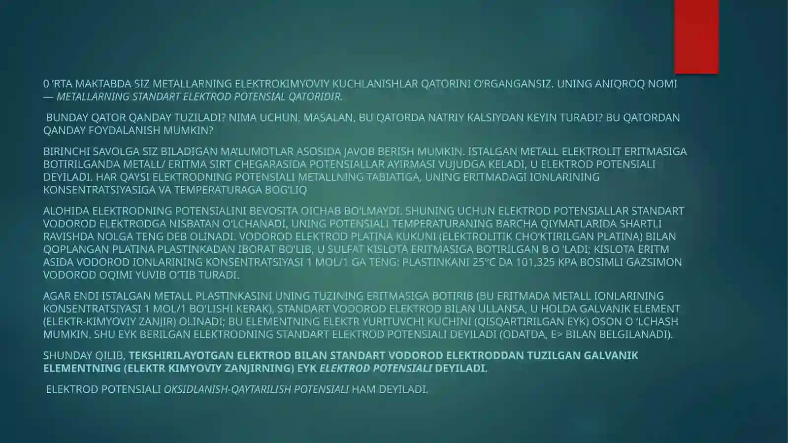 STANDART ELEKTROD POTENSIALLARI, Oksidlanish qaytarilish potensiali, diffuzion potensiali 2
