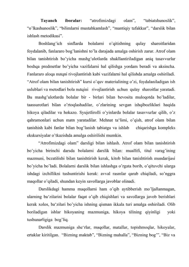 boshlang'ich sinflarda tabiatshunoslik fanining mazmuni o'quv dasturining tahlili 2