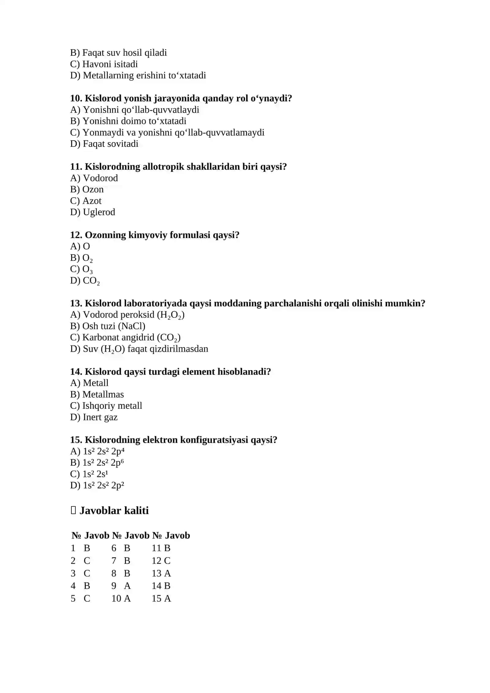 Kislorod haqida test savollar 2