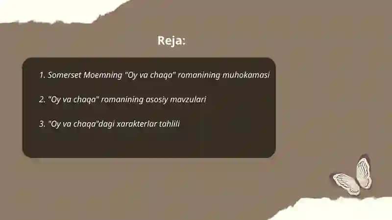 S Moem romanlari va hikoyalari. "Oy va chaqa" ramani, "Luiza" va boshqa hikoyalari tahlili. Moem va A Qahhor hikoyalarning qiyosiy tahlili 2