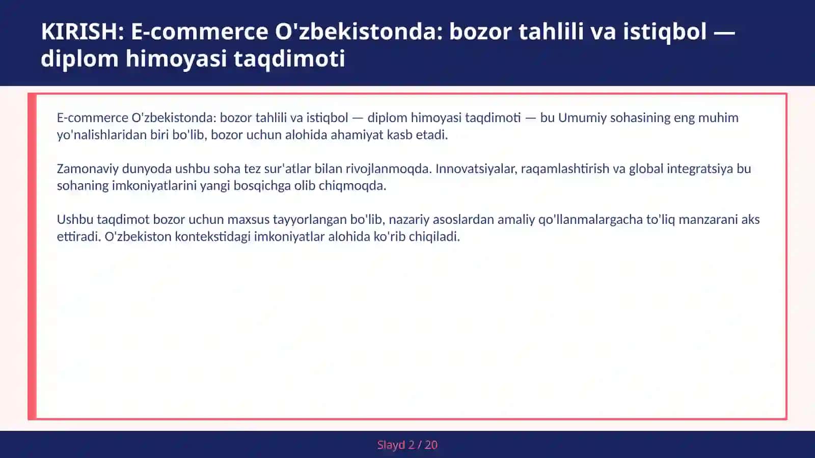 E-commerce O'zbekistonda: Bozor Tahlili va Istiqbol — Diplom Himoyasi Taqdimoti 2