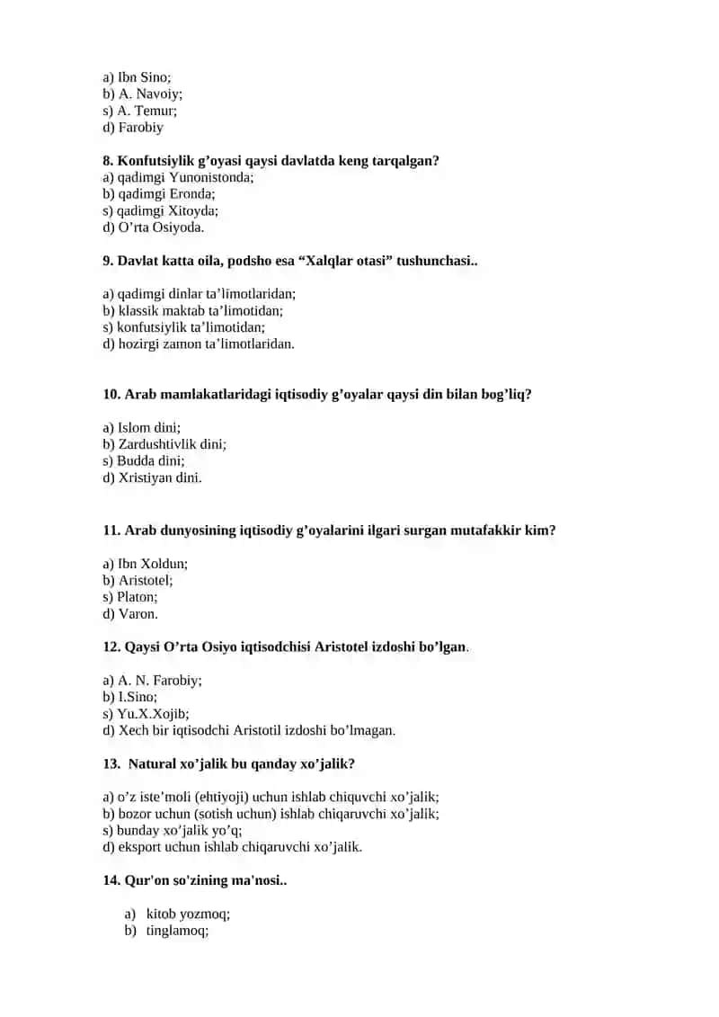 Iqtisodiy ta’limotlar tarixi fanidan test savollari 2