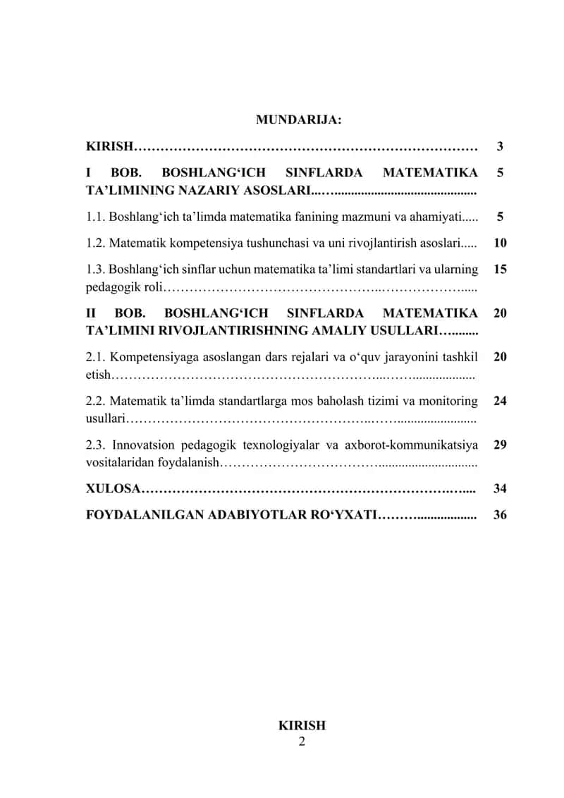 Boshlang‘ich sinflarda matematika ta’limini rivojlantirish konsepsiyasi, kompitensiya va standartlar 2