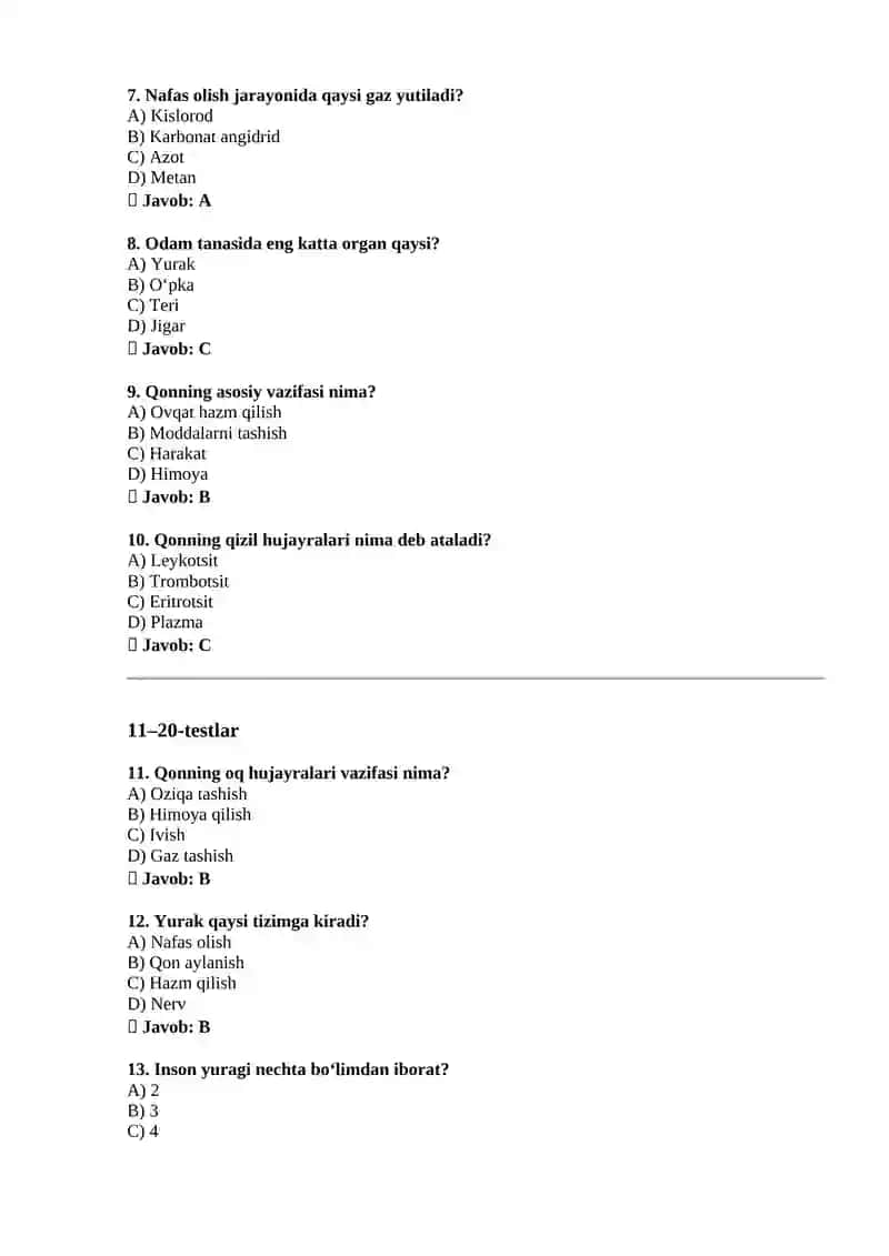 Biologiya fanidan atestatsiya test savollari (100 ta) 2