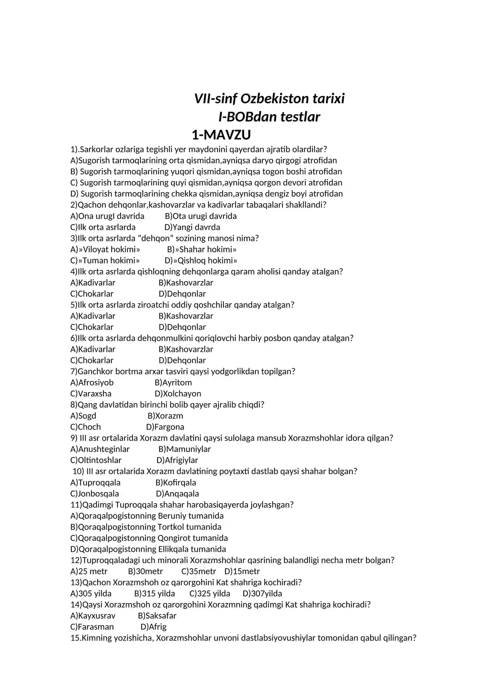 7-sinf O’zbekiston tarixi I-BOB dan testlar 2