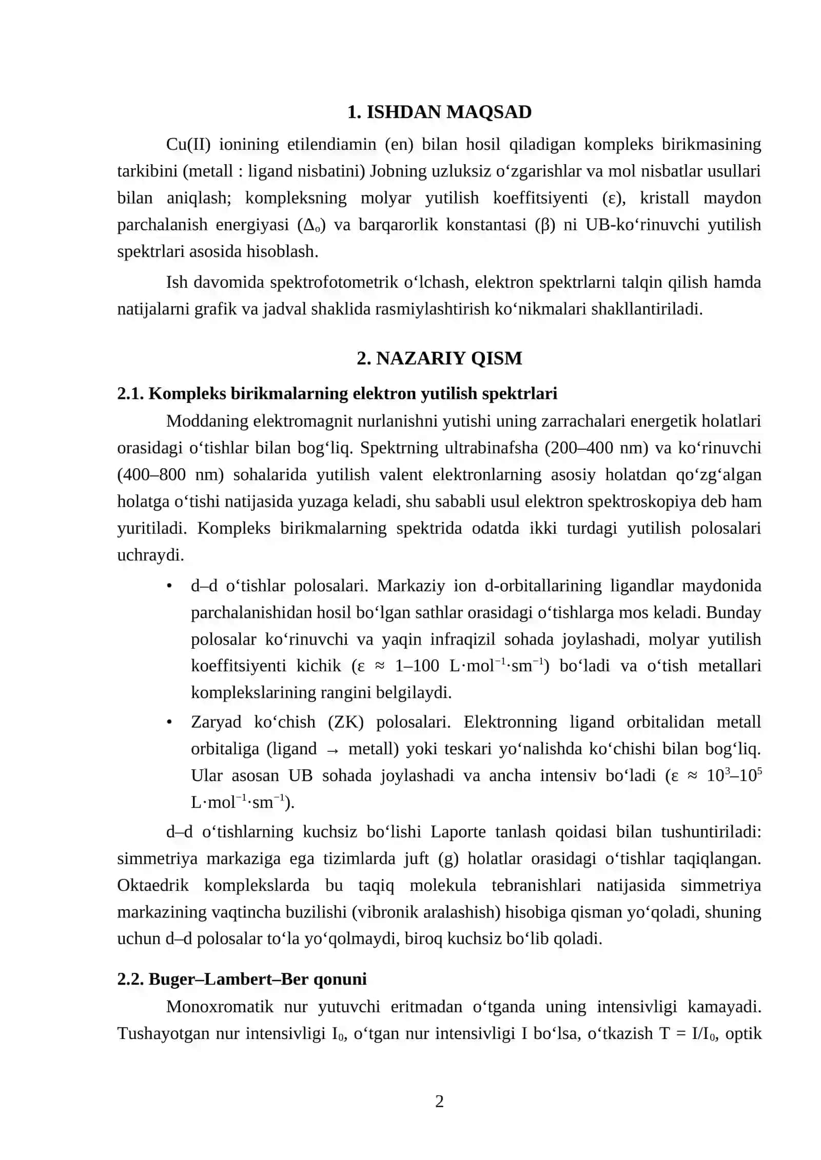 Kompleks birikmalarning tarkibi va xossalarini zamonaviy fizik-kimyoviy metodlar bilan tadqiq qilish 2