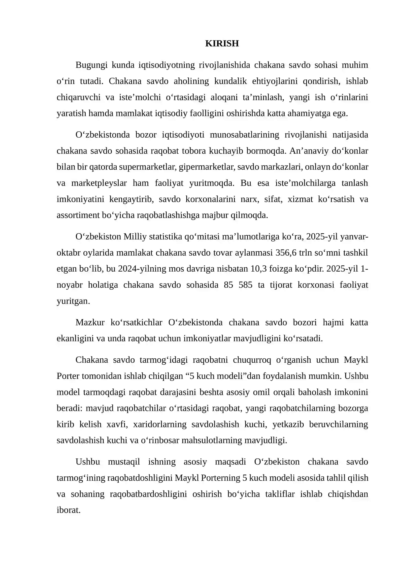 O‘ZBEKISTONDA CHAKANA SAVDO TARMOG‘INING RAQOBATDOSHLIGINI MAYKL PORTERNING 5 KUCH MODELI ASOSIDA BAHOLASH 2