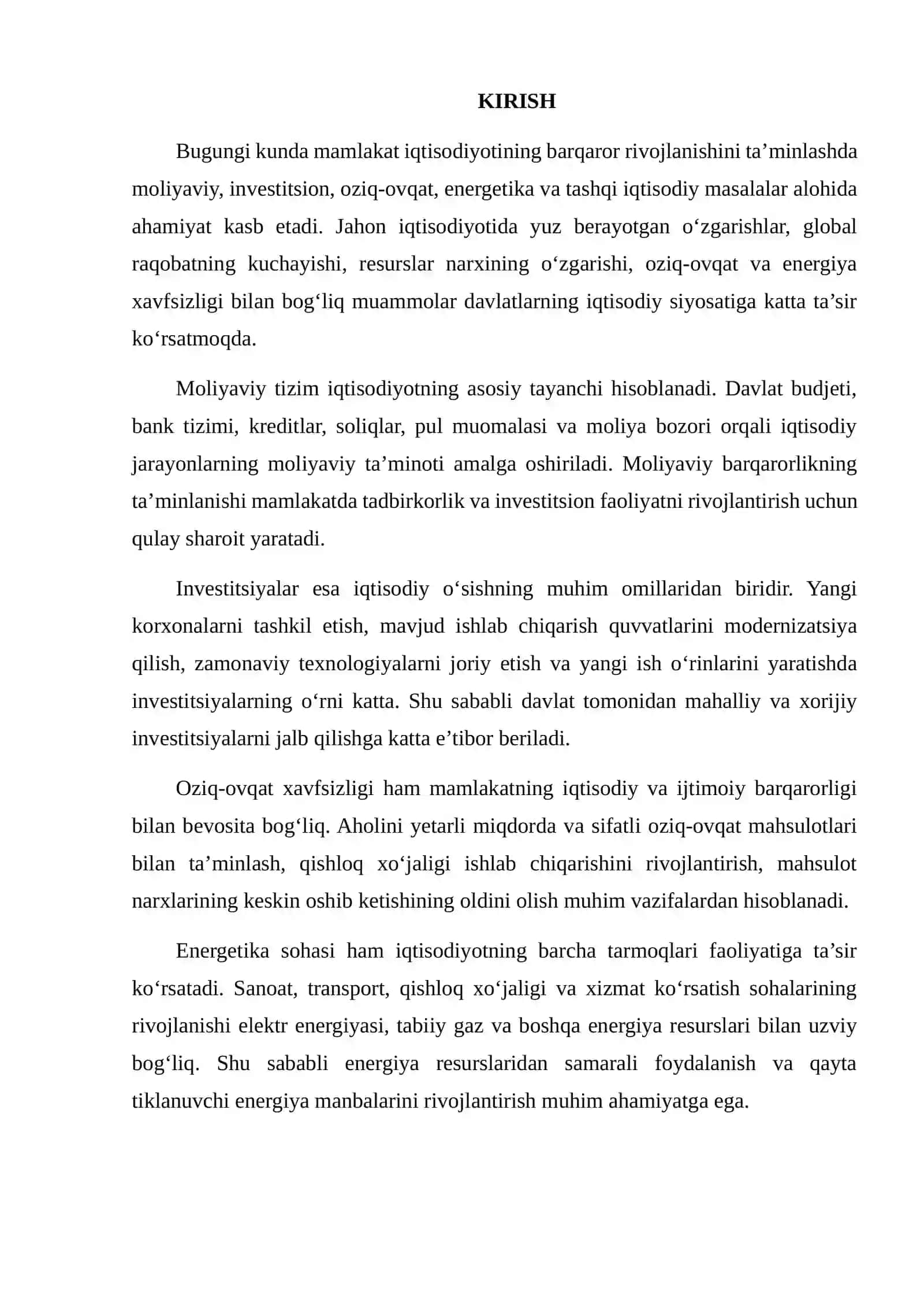 MOLIYAVIY, INVESTITSION, OZIQ-OVQAT, ENERGETIKA VA TASHQI IQTISODIY MASALALARNI TAHLIL QILISH 2